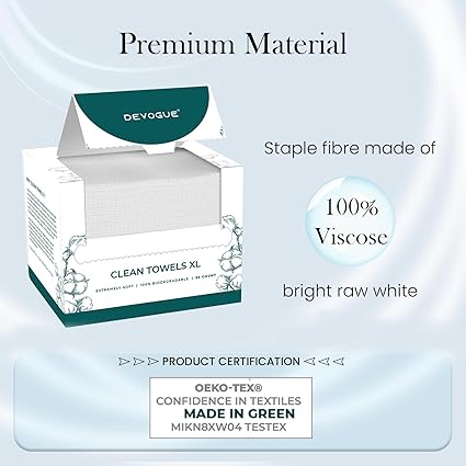 DEVOGUE® Disposable Face Towels – 50 Count, XL (10" x 12") – 100% Viscose Fiber – Ultra-Soft, Gentle on Sensitive Skin – Makeup Remover & Facial Cleansing Wipes